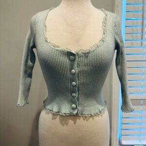 Chic Ribbed Cardigan with Lace Accent